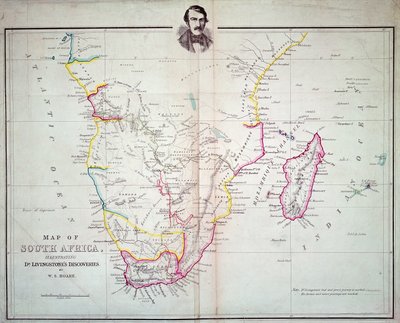 Mapa de Sudáfrica ilustrando los descubrimientos del Dr. Livingstone de English School